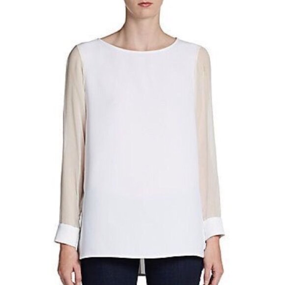 Theory Toska C White Long Sleeve Blouse with Sheer Silk Sleeves, Size Small - Picture 1 of 9